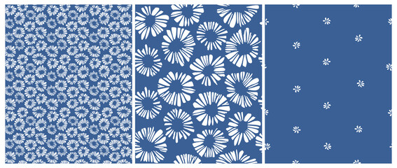 Abstract Hand Drawn Floral Seamless Vector Pattern. Irregular White Daisy Flowers on a Navy Blue Background. Modern Abstract Garden Print. Floral Repeatable Print ideal for Fabric, Wrapping Paper.