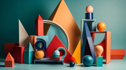 Abstract still life installation, colourful geometric shapes. Generative AI Illustration