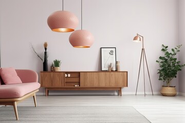 cozy living room with a pink couch and two lamps. Generative AI