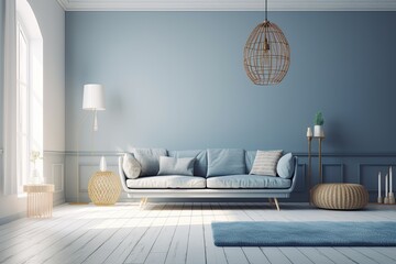 cozy living room with blue walls and white floors. Generative AI