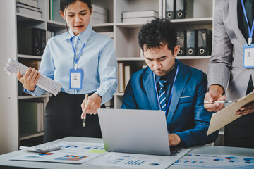 Employee stressed with business paperwork. Businessman check, review legal documents. Prepare documents or analytical reports, tax lists, accounting documents, data contracts, office partnership agree