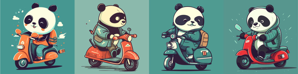 Flat color vector of happy panda riding scooter set collection © Giordano Aita