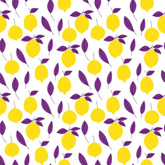 Bright yellow lemons with violet leaves simple seamless pattern. Vector illustration