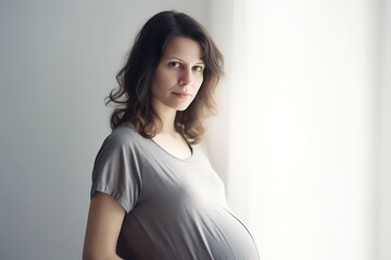 Fototapeta premium Beautiful pregnant woman touching her belly waiting for baby. Generative AI