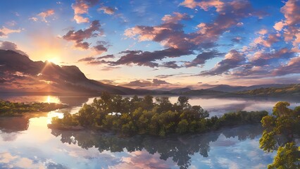 Fototapeta na wymiar Panoramic Sunrise over a Beautiful Lake