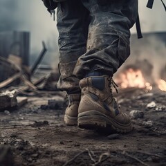 close up Illustration of a military man walking on an empty destroyed environment. Destruction, war scene. Smoke and fog. Sad combat feeling. Generative Ai.