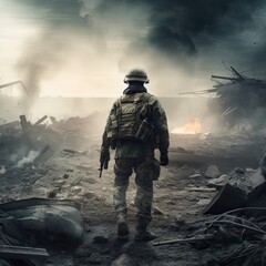 Lone soldier walking on the battlefield. Illustration of a military man walking on an empty destroyed environment. Destruction, war scene. Smoke and fog. Sad combat feeling. Generative Ai.