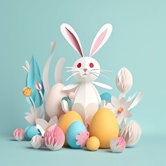 Cute Easter Bunny Paper art, Generative AI, 