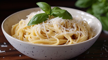 A bowl of creamy pasta, topped with grated parmesan cheese and fresh basil leaves