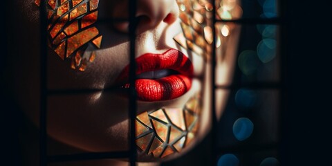 Sinnliche sexy rote gloss Lippen einer Frau mit tollem Glitzer Make-Up anonym, Nahaufnahme, ai generativ