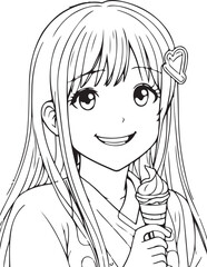 Anime super cute girl is smiling with ice cream, vector coloring for children