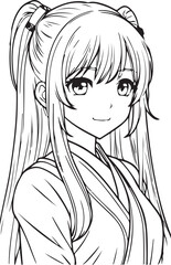 Anime pretty girl in asian classic dress, vector coloring for children