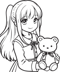 Anime girl is holding little bear in her hands and smiling , vector coloring for children