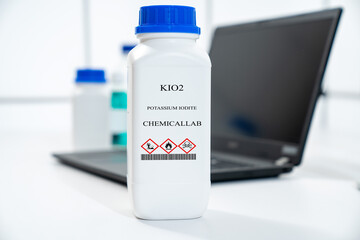 KIO2 potassium iodite CAS  chemical substance in white plastic laboratory packaging