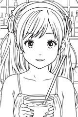Anime girl is drinking an ice cocktail, vector coloring for children