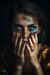 Hübsche Frauen Gesicht mit tollem Glitzer Make-Up und Hände Finger im Gesicht, Nahaufnahme, ai generativ