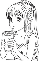 Anime girl is drinking a ice water, vector coloring for children