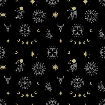 Boho vintage groovy line art western cowboy or cowgirl seamless pattern on dark background. Wild West icons