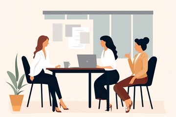 simplified flat vector art of three female professionals meeting in an office room white background, Generative AI, AI, Generative