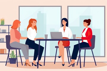 simplified flat vector art of four female professionals meeting in an office room white background, , generative AI, AI, Generative