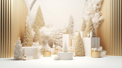3d render, white and gold winter holiday background with empty podiums. Generative Ai