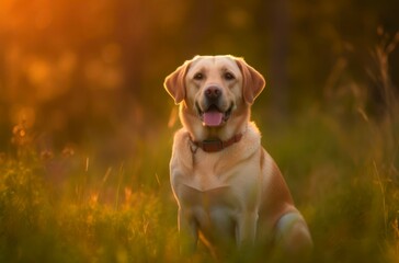 Portrait of a golden labrador retriever in the grass outdoor under sunlight. Generative AI.