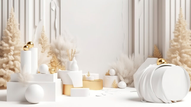 3d render, white and gold winter holiday background with empty podiums. Generative Ai