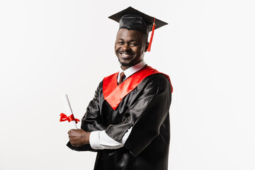 African student with diploma in graduation robe and cap ready to finish college. Future leader of science. Academician african man in black gown smiling. - obrazy, fototapety, plakaty