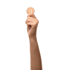 cryptocurrency, finance and business concept - close up of hand holding golden bitcoin on white background