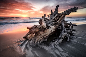 A Magnificent piece of driftwood lays atop a tranquil beach with crashing waves - generative ai.