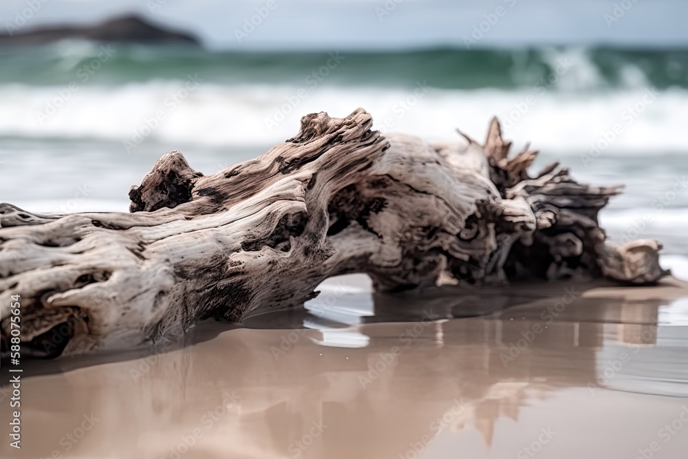 Aufkleber the amazing curvy driftwood on a beach surrounded by huge waves was created by generative ai - gener