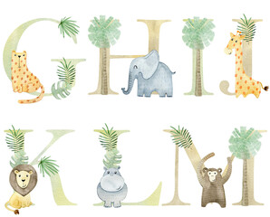 Watercolor safari animals letters for invitation card, nursery poster and other.