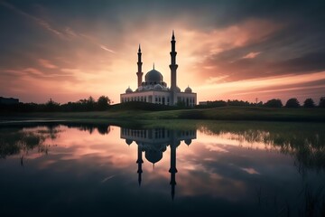 Obraz premium mosque full object perspective photo generate AI, for ramadhan kareem, eid al fitr, eid adha, islamic event