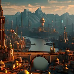 view of the city in stempunk style  created with Generative AI technology