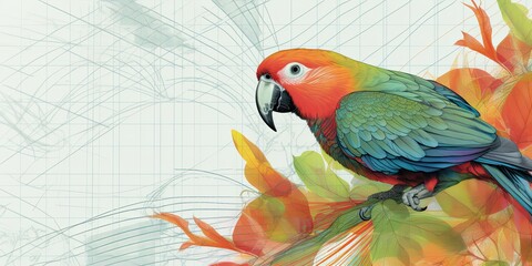 Technical drawing of colorful background with tropical birds - generative AI Art