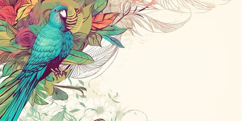 Technical drawing of colorful background with tropical birds - generative AI Art