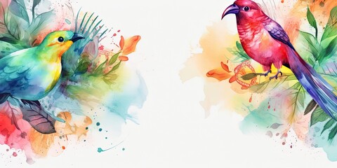 Obraz premium Watercolor background with tropical birds - generative AI Art