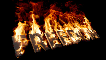 Low-angle view of Big Freedom Word on Fire with High Flames on Black
