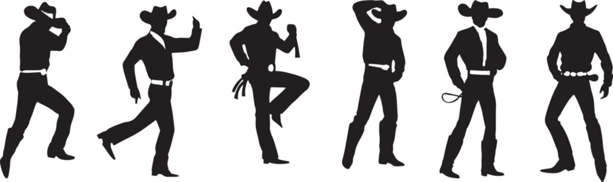 Silhouette of cowboys dancing at the country music festival. Vector design for dance competition