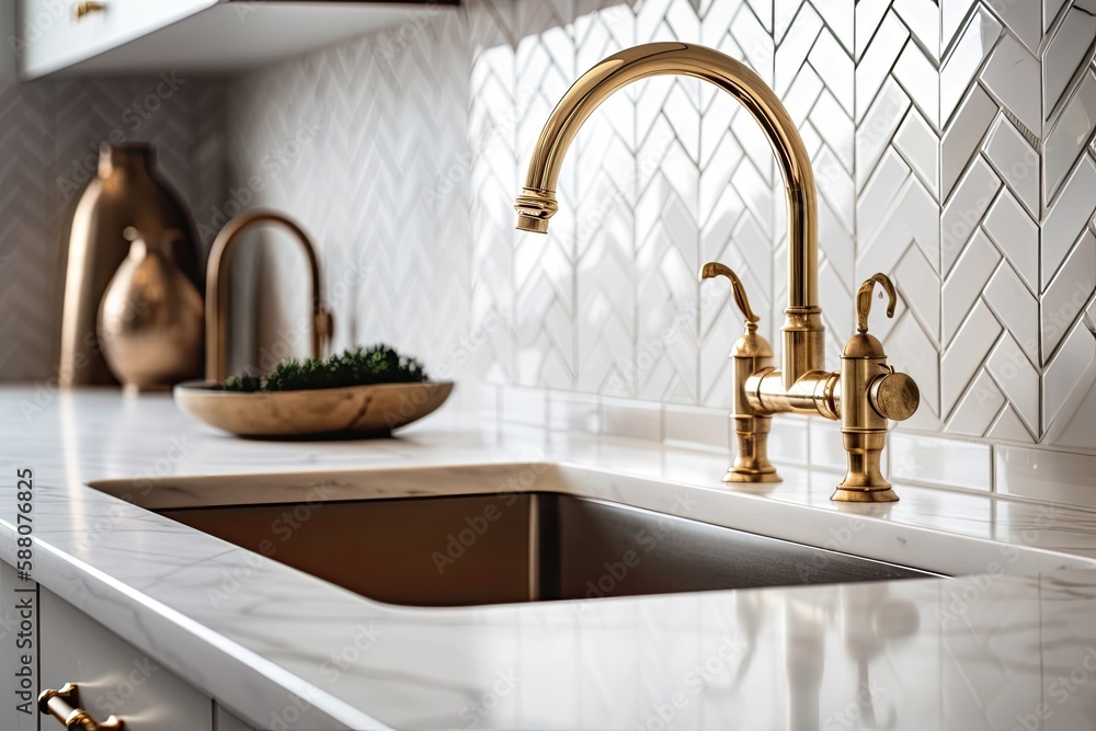 Sticker modern kitchen with a sleek gold faucet and a spacious sink. Generative AI