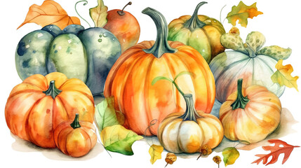 Watercolor pumpkins, Halloween illustration set, harvest. Generative Ai