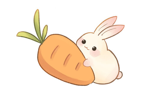 Fluffy cute little bunny with carrots. Bunny hugging a giant carrot.