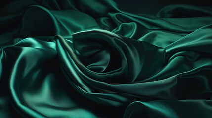 Obraz premium 3d render, dark emerald green silky drapery, crumpled fabric background. Generative Ai