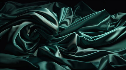 3d render, dark emerald green silky drapery, crumpled fabric background. Generative Ai