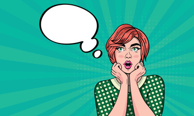 Young sexy girl thought with speech bubble. Pop art vector illustration