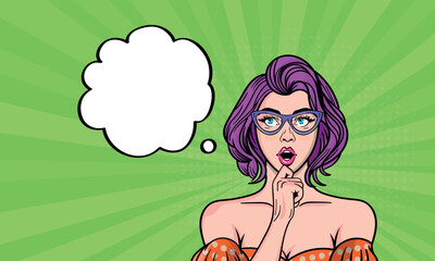 Young sexy girl is thinking about something with speech bubble for your advertisement. Pop art vector illustration