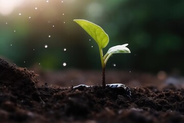 Close up focus watering young seedling on black soil, plant in the ground. Generative AI