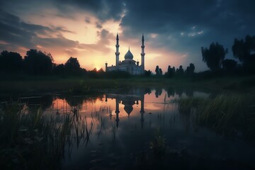 Naklejka premium mosque full object perspective photo generate AI, for ramadhan kareem, eid al fitr, eid adha, islamic event