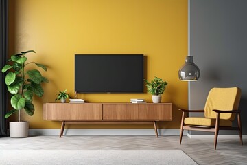 cozy living room with warm yellow walls and a TV as the focal point. Generative AI