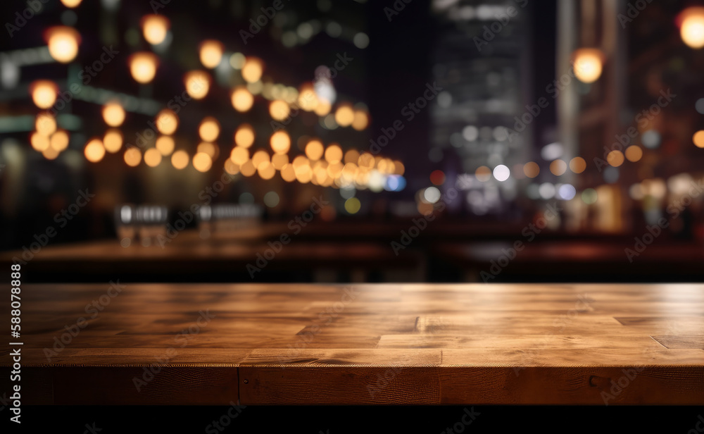 Poster an empty wooden counter table top for product display in a pub or bar. generative ai